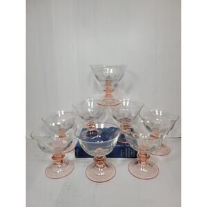 8 Vintage Dessert Champagne Coupe, Pink Stem, Clear Paneled Bowl, Italian Glass